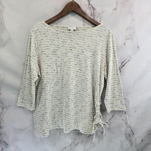 J Jill Shirt Womens Large Gray Speckled Neutral Ruched Tie Quarter Sleeve Pure